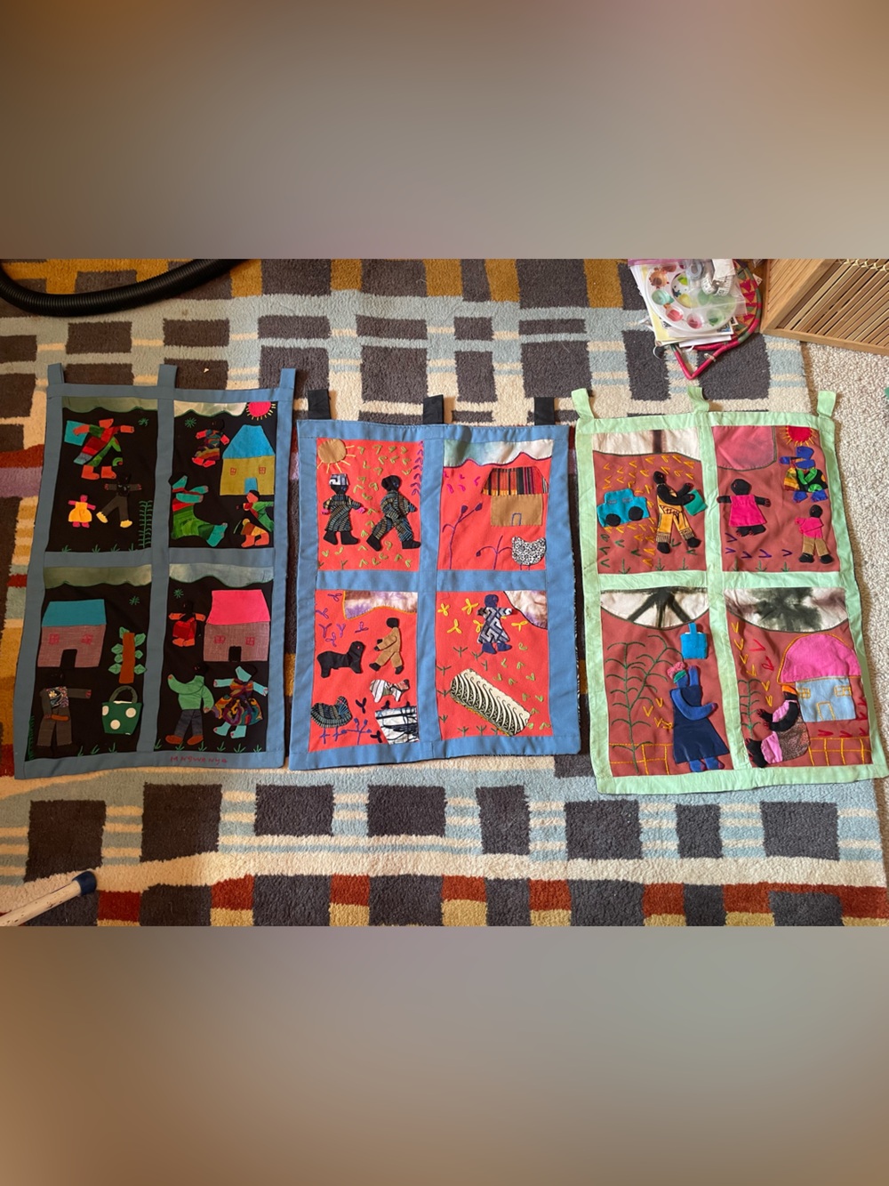 VTG handmade African embroidered pictorial tapestries wall hanging